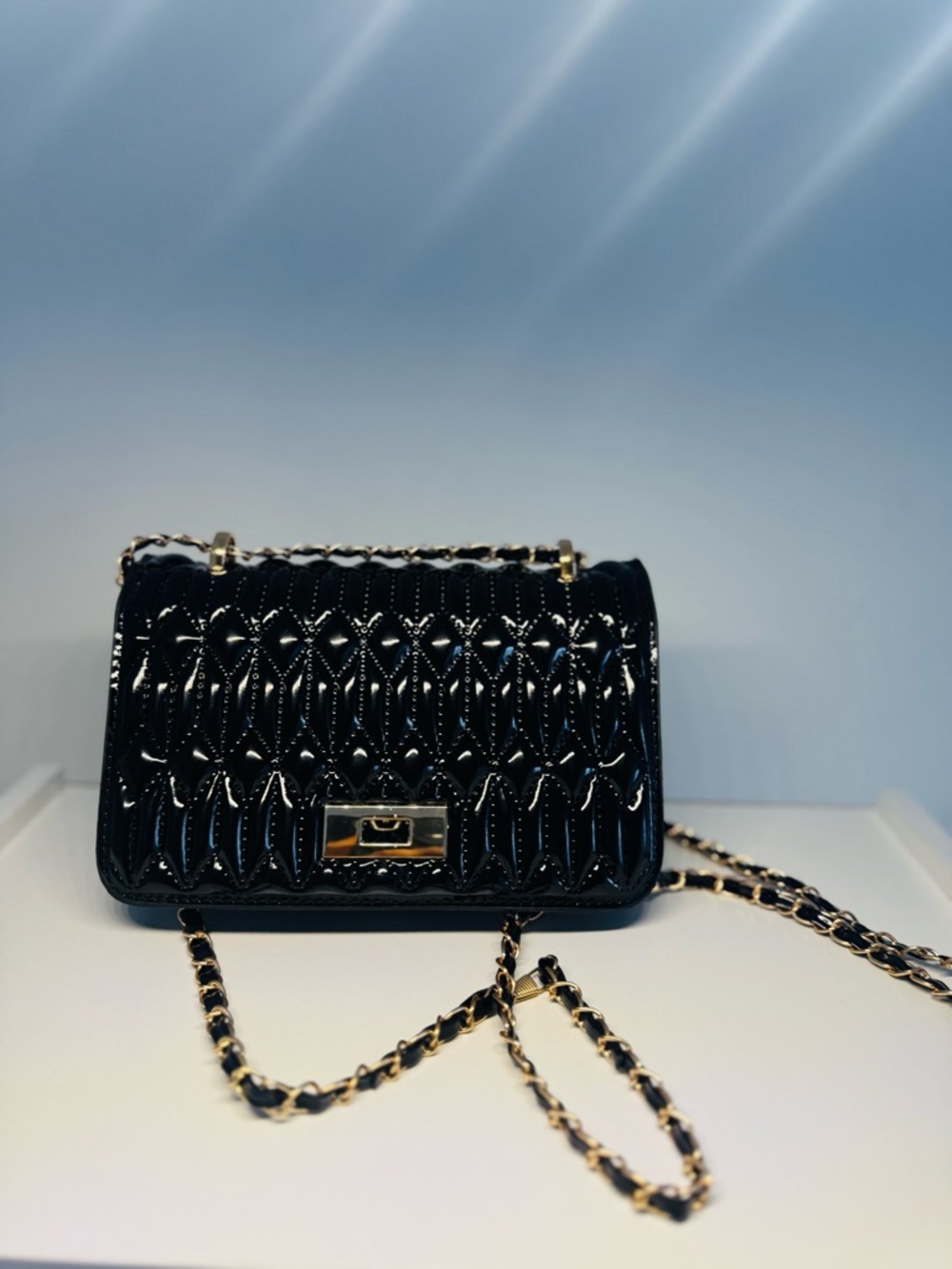Black Quilted Patent Leather Chain Shoulder Bag